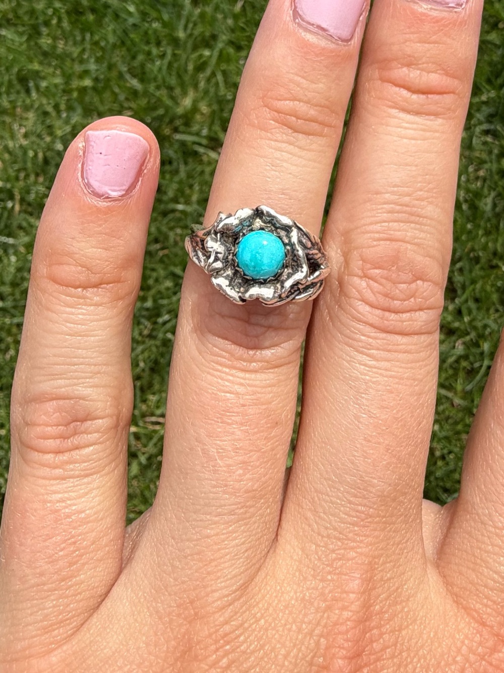 Vintage Gorgeous Turquoise Rose Sterling Silver Ring - Women Jewelry - Size 5